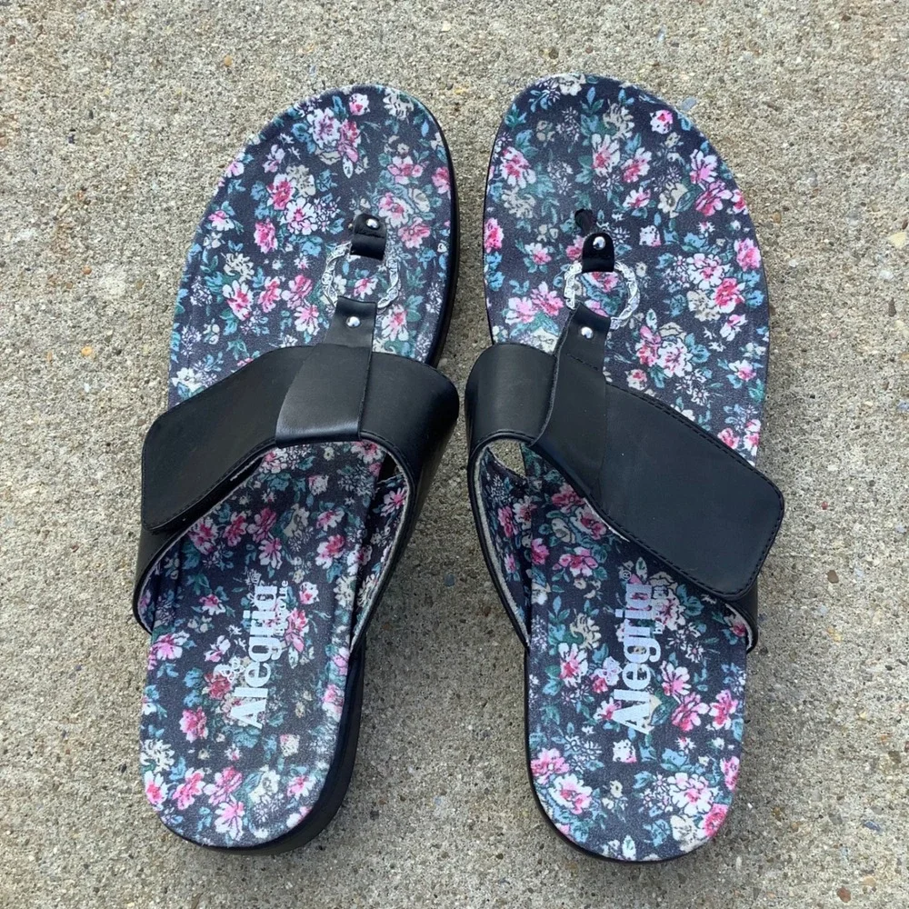 Alegria‎ by PG Lite Women Black Floral Thong Sandals Platform MOX-7541 Size 41